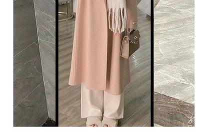 Lapel Collar Plain Double-Breasted Long Coat