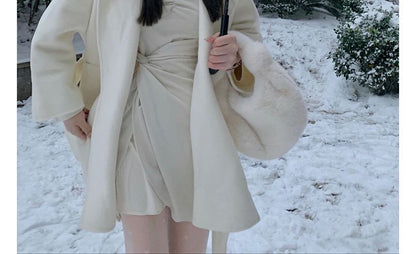 Faux Fur Trim Plain Hooded Open Front Woolen Coat