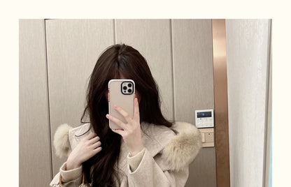 Faux Fur Trim Plain Hooded Tie-Waist Woolen Coat