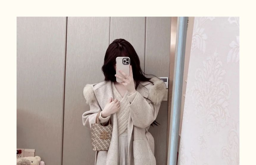 Faux Fur Trim Plain Hooded Tie-Waist Woolen Coat