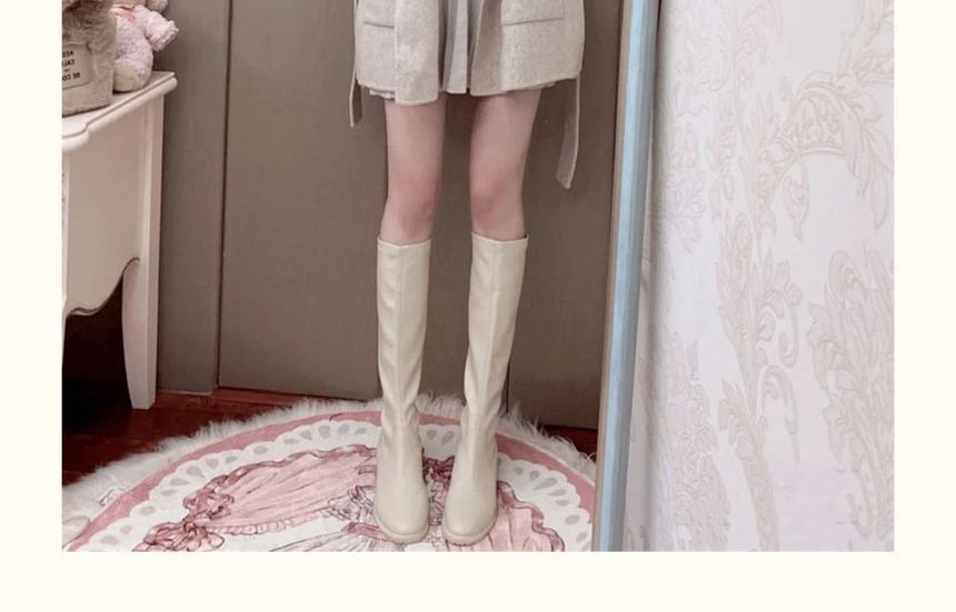 Faux Fur Trim Plain Hooded Tie-Waist Woolen Coat