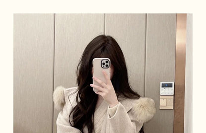 Faux Fur Trim Plain Hooded Tie-Waist Woolen Coat