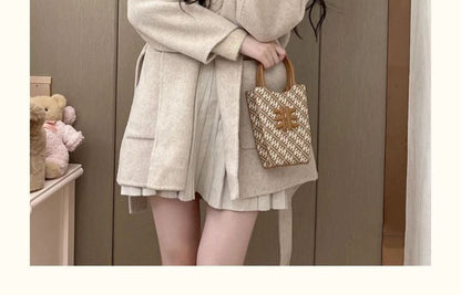 Faux Fur Trim Plain Hooded Tie-Waist Woolen Coat