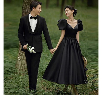 Short-Sleeve V-Neck Plain A-Line Evening Gown