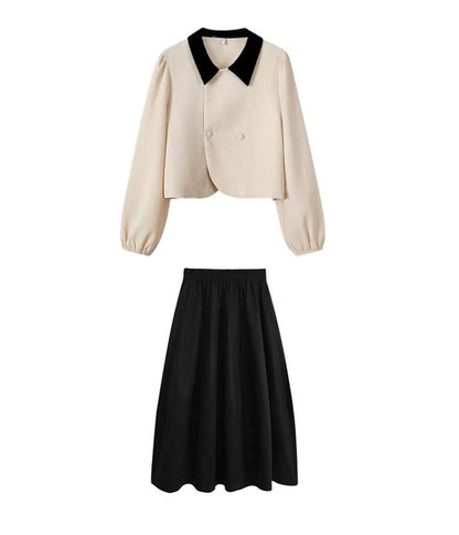 Long-Sleeve Contrast Collar Blouse / Plain Midi A-Line Skirt