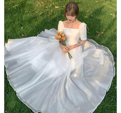 Short-Sleeve Square Neck Plain A-Line Wedding Gown / Midi Dress