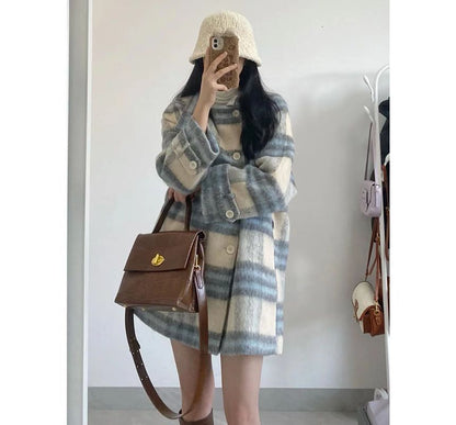 Round Neck  Plaid Single Breasted Coat
