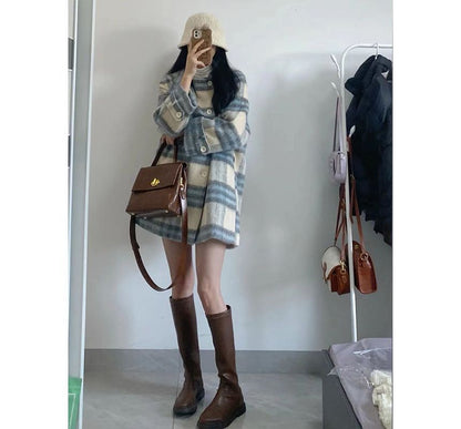 Round Neck  Plaid Single Breasted Coat
