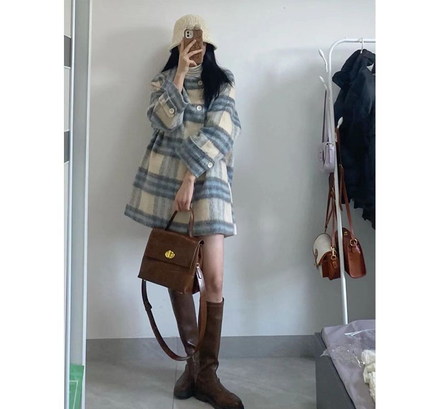 Round Neck  Plaid Single Breasted Coat
