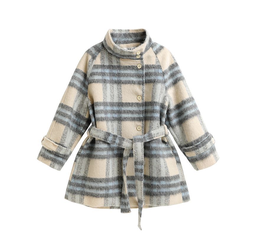 Round Neck  Plaid Single Breasted Coat