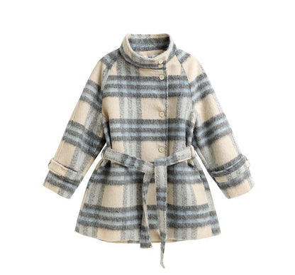 Round Neck  Plaid Single Breasted Coat