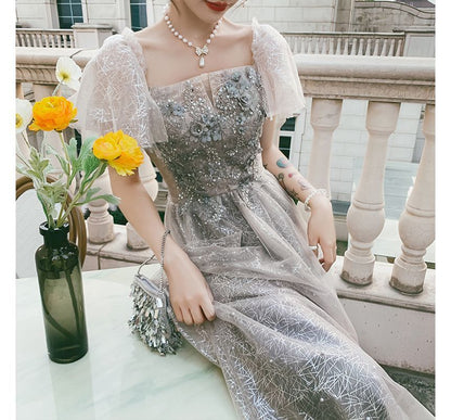 Short-Sleeve Flower Accent A-Line Evening Gown / Cocktail Dress