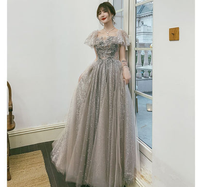 Short-Sleeve Flower Accent A-Line Evening Gown / Cocktail Dress