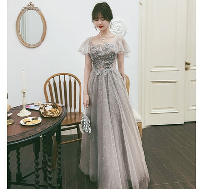 Short-Sleeve Flower Accent A-Line Evening Gown / Cocktail Dress