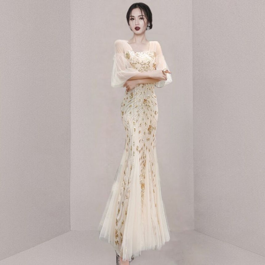 Short-Sleeve Print Panel Mesh Mermaid Evening Gown