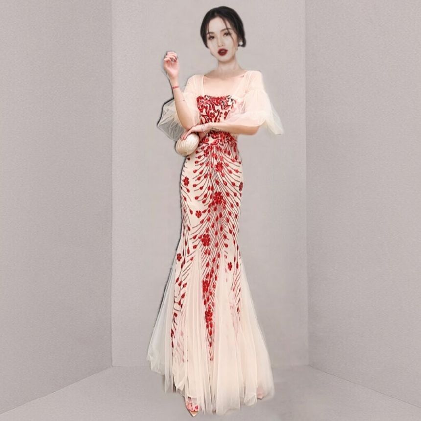 Short-Sleeve Print Panel Mesh Mermaid Evening Gown