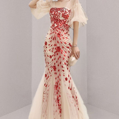 Short-Sleeve Print Panel Mesh Mermaid Evening Gown