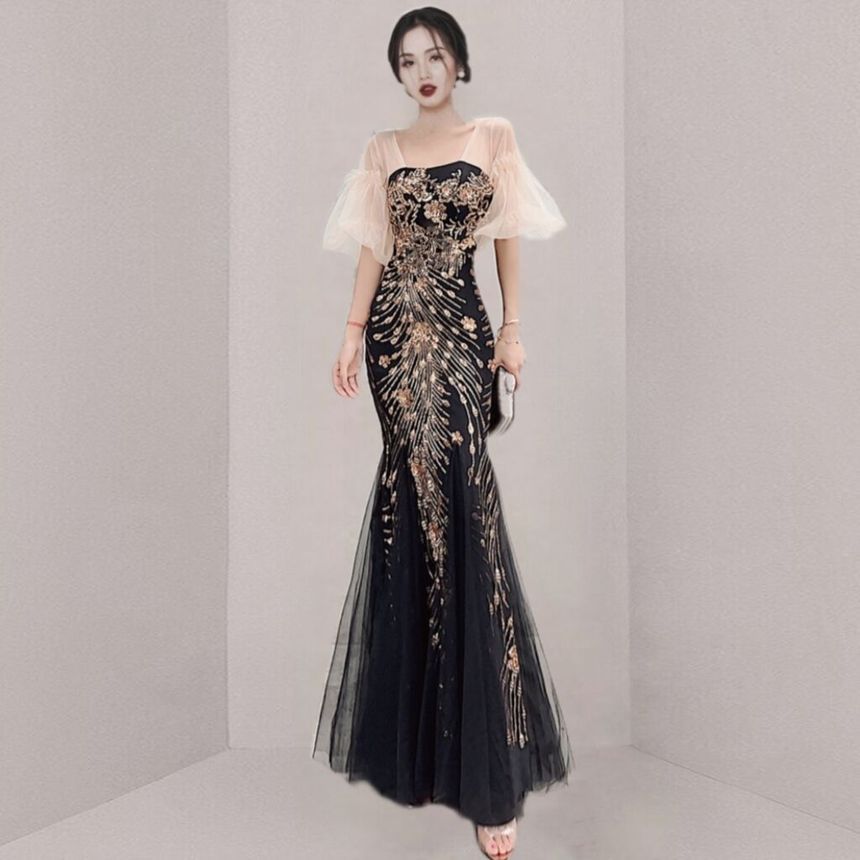 Short-Sleeve Print Panel Mesh Mermaid Evening Gown