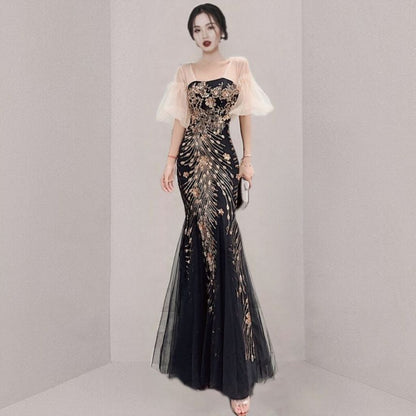 Short-Sleeve Print Panel Mesh Mermaid Evening Gown