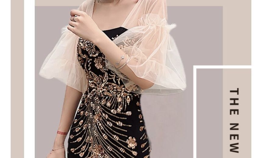 Short-Sleeve Print Panel Mesh Mermaid Evening Gown
