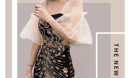 Short-Sleeve Print Panel Mesh Mermaid Evening Gown