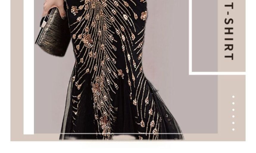 Short-Sleeve Print Panel Mesh Mermaid Evening Gown
