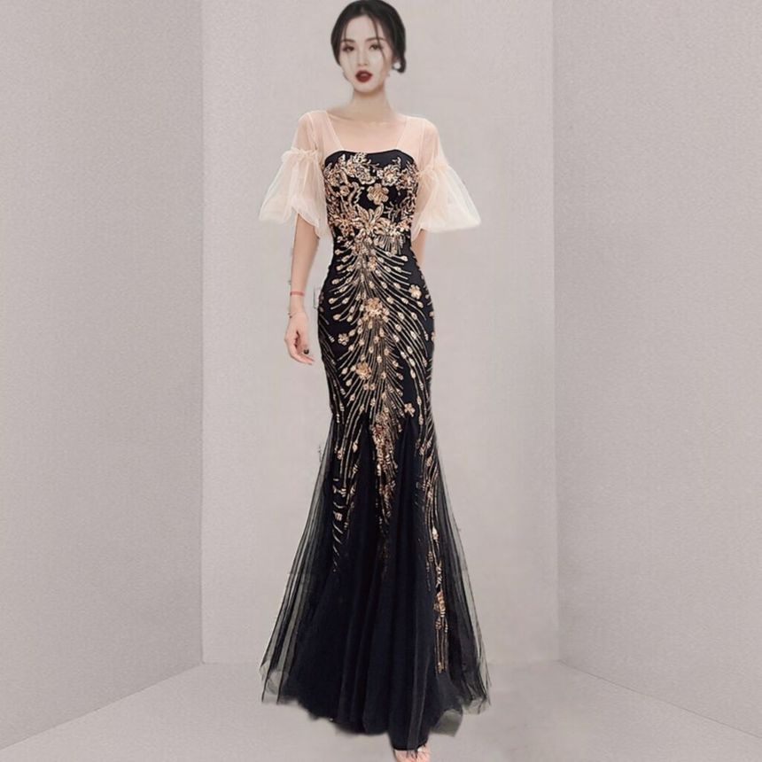 Short-Sleeve Print Panel Mesh Mermaid Evening Gown