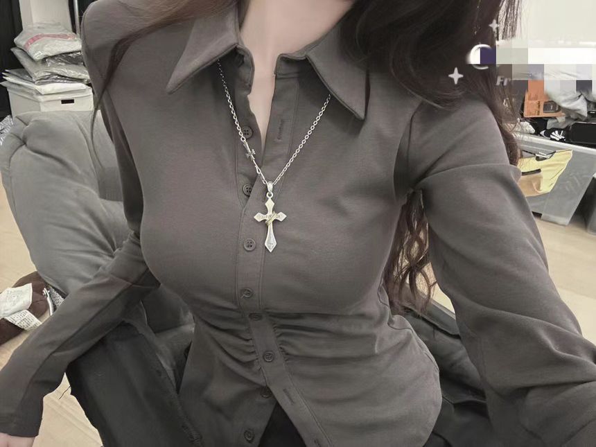 Long-Sleeve Plain Slim Fit Shirt / High Waist Pleated Mini A-Line Skirt