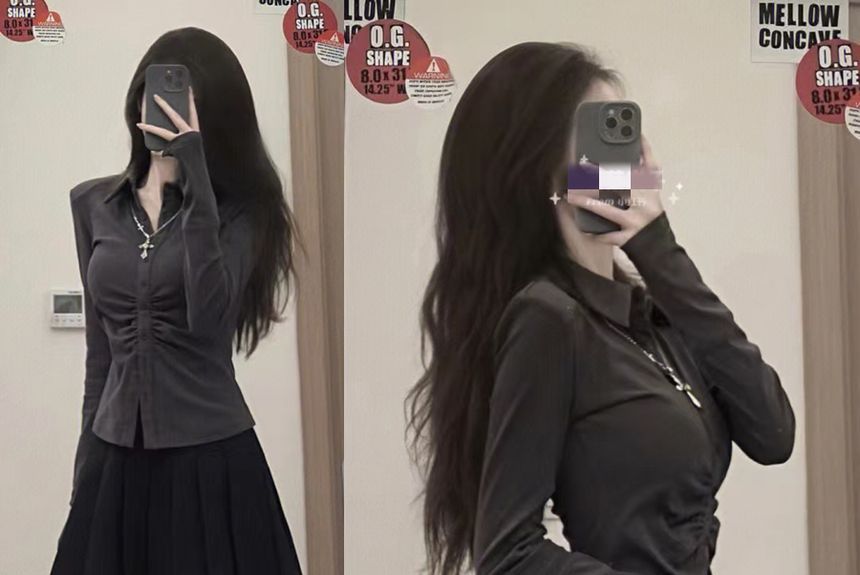 Long-Sleeve Plain Slim Fit Shirt / High Waist Pleated Mini A-Line Skirt