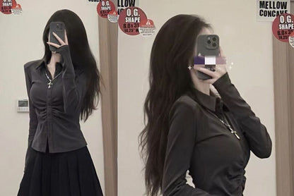 Long-Sleeve Plain Slim Fit Shirt / High Waist Pleated Mini A-Line Skirt