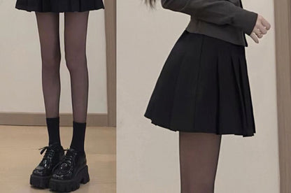 Long-Sleeve Plain Slim Fit Shirt / High Waist Pleated Mini A-Line Skirt