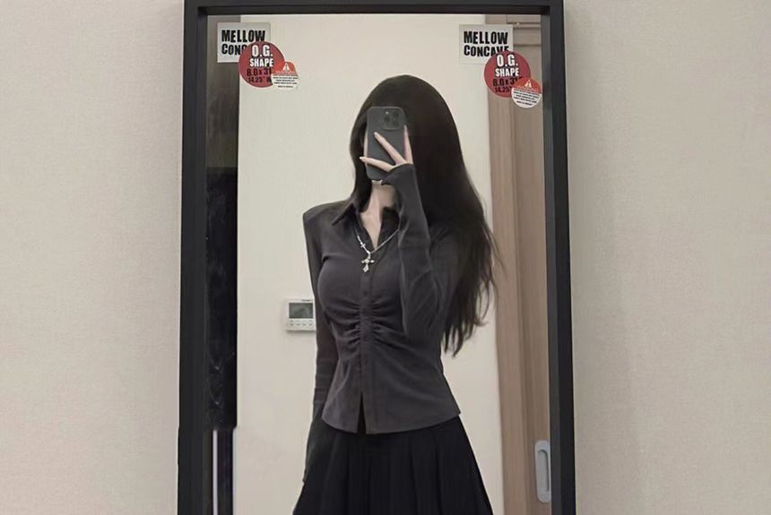 Long-Sleeve Plain Slim Fit Shirt / High Waist Pleated Mini A-Line Skirt