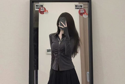Long-Sleeve Plain Slim Fit Shirt / High Waist Pleated Mini A-Line Skirt