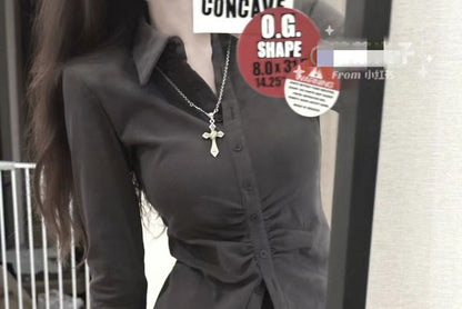 Long-Sleeve Plain Slim Fit Shirt / High Waist Pleated Mini A-Line Skirt