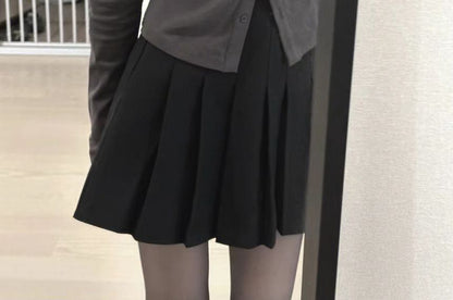 Long-Sleeve Plain Slim Fit Shirt / High Waist Pleated Mini A-Line Skirt