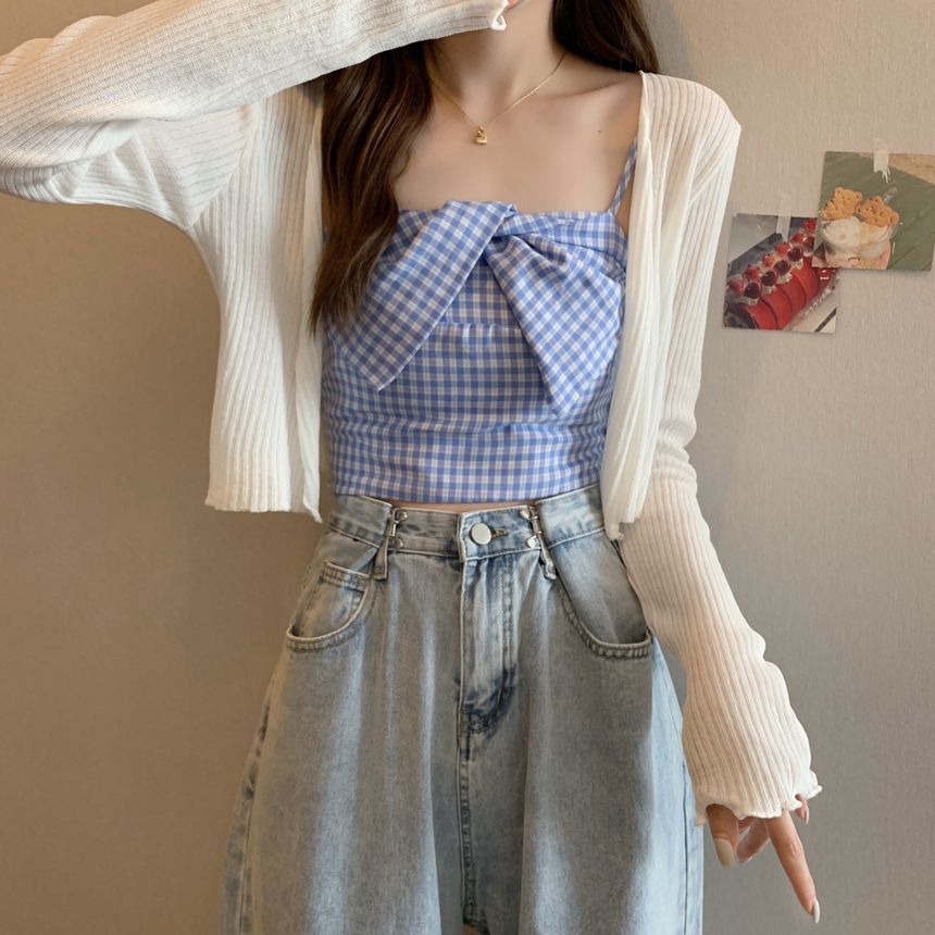 Plaid Twist Crop Cami & Ribbed Cardigan Set