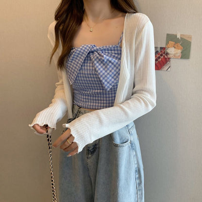 Plaid Twist Crop Cami & Ribbed Cardigan Set