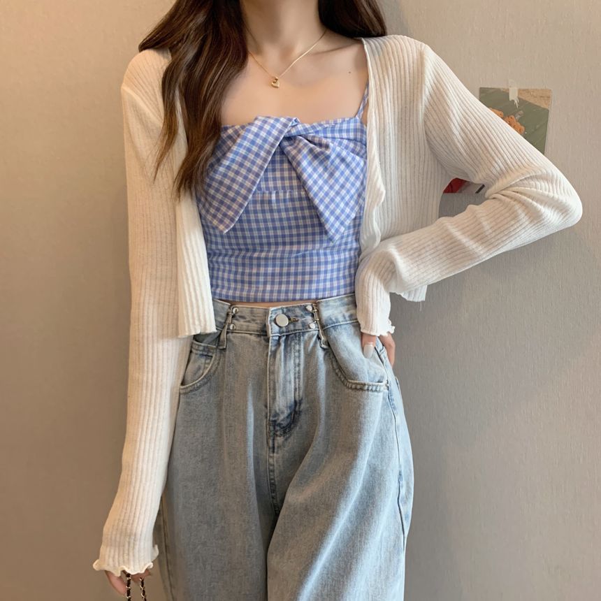 Plaid Twist Crop Cami & Ribbed Cardigan Set