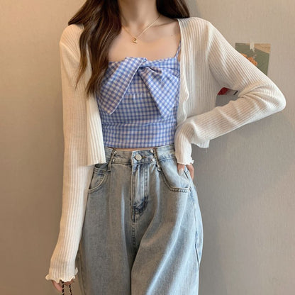 Plaid Twist Crop Cami & Ribbed Cardigan Set