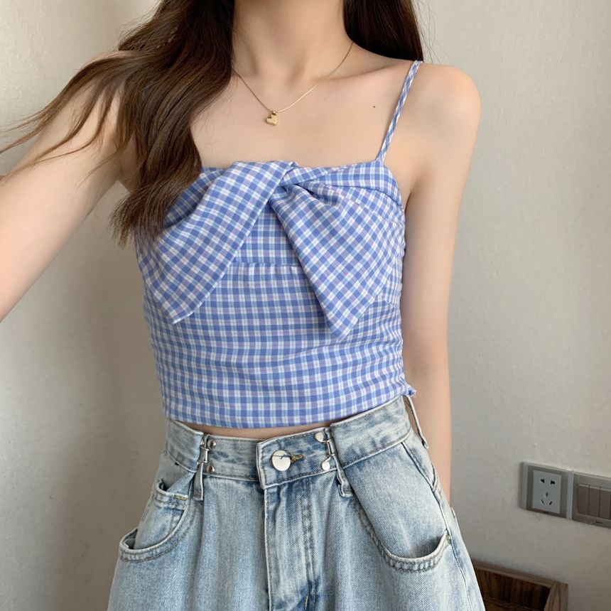 Plaid Twist Crop Cami & Ribbed Cardigan Set