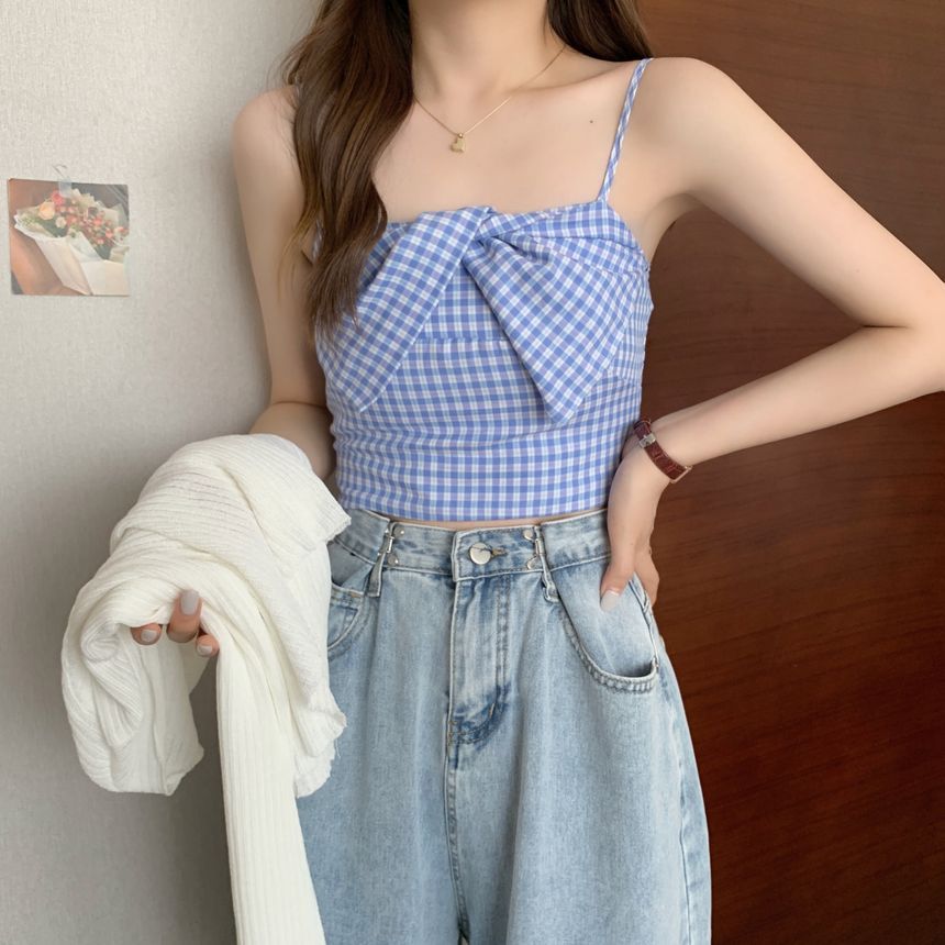 Plaid Twist Crop Cami & Ribbed Cardigan Set