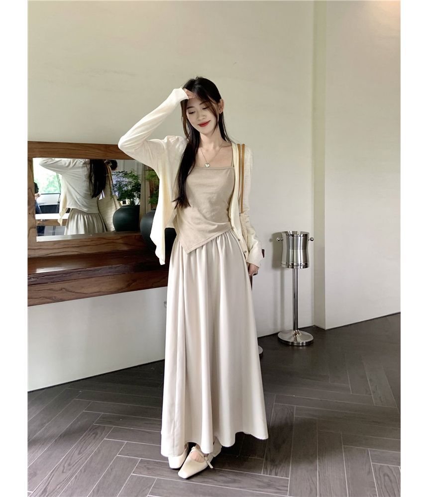 Asymmetrical Cami, V-Neck Cardigan & Maxi Skirt Set