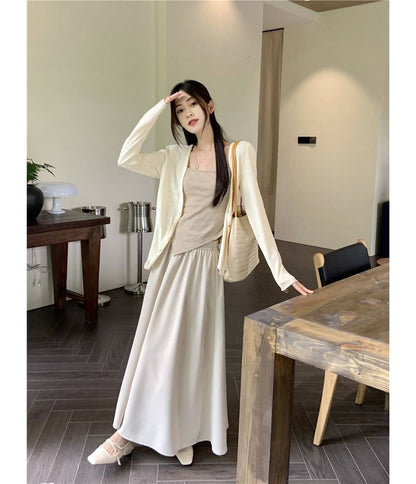 Asymmetrical Cami, V-Neck Cardigan & Maxi Skirt Set