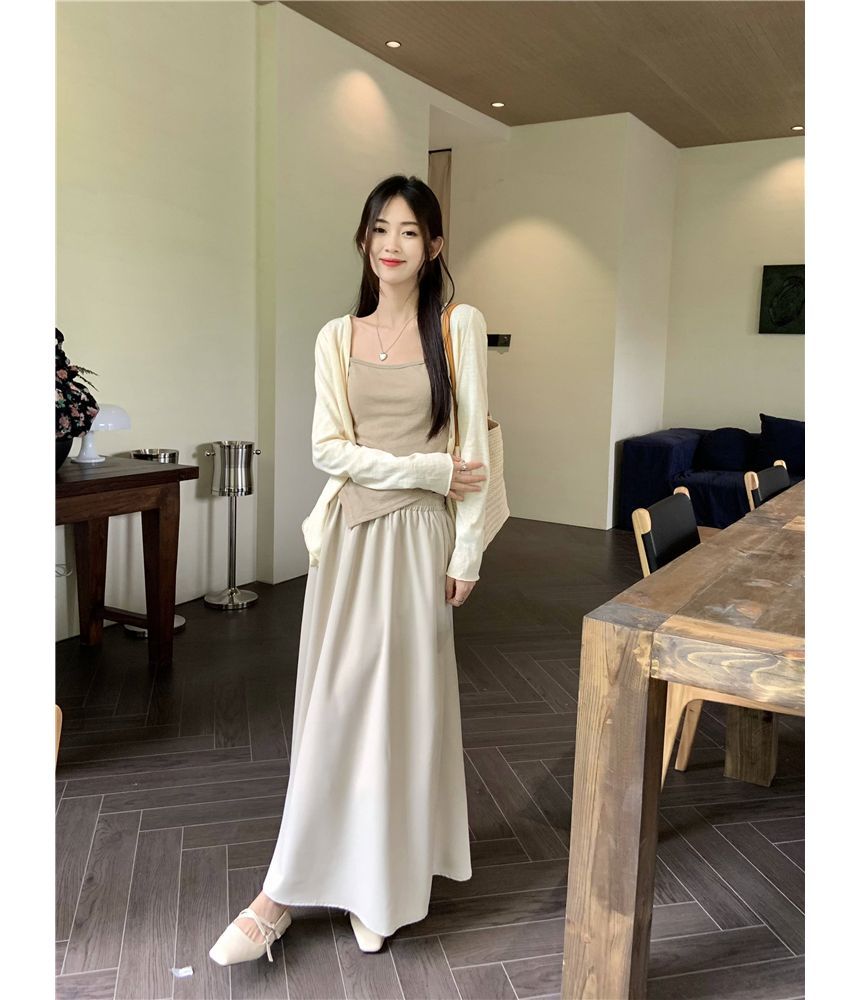 Asymmetrical Cami, V-Neck Cardigan & Maxi Skirt Set