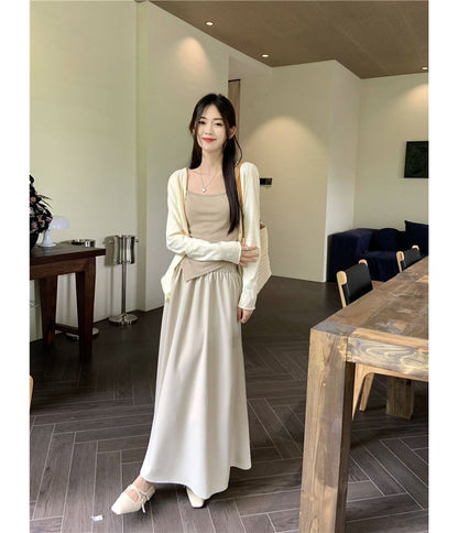 Asymmetrical Cami, V-Neck Cardigan & Maxi Skirt Set