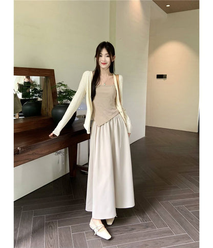 Asymmetrical Cami, V-Neck Cardigan & Maxi Skirt Set