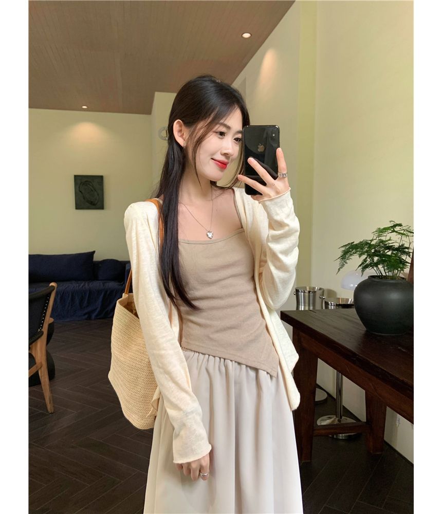 Asymmetrical Cami, V-Neck Cardigan & Maxi Skirt Set
