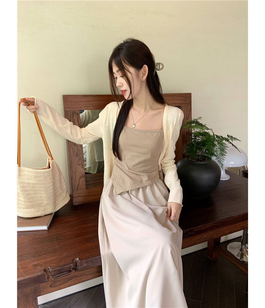 Asymmetrical Cami, V-Neck Cardigan & Maxi Skirt Set