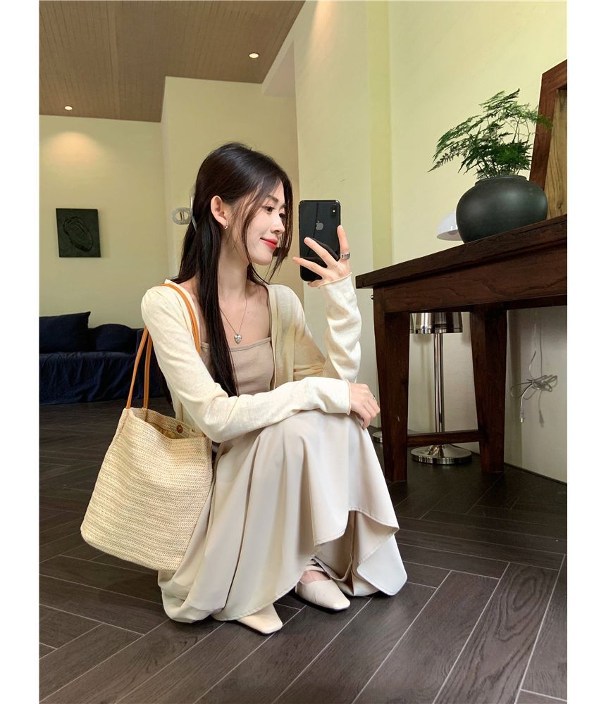 Asymmetrical Cami, V-Neck Cardigan & Maxi Skirt Set
