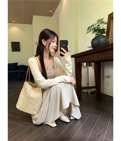 Asymmetrical Cami, V-Neck Cardigan & Maxi Skirt Set